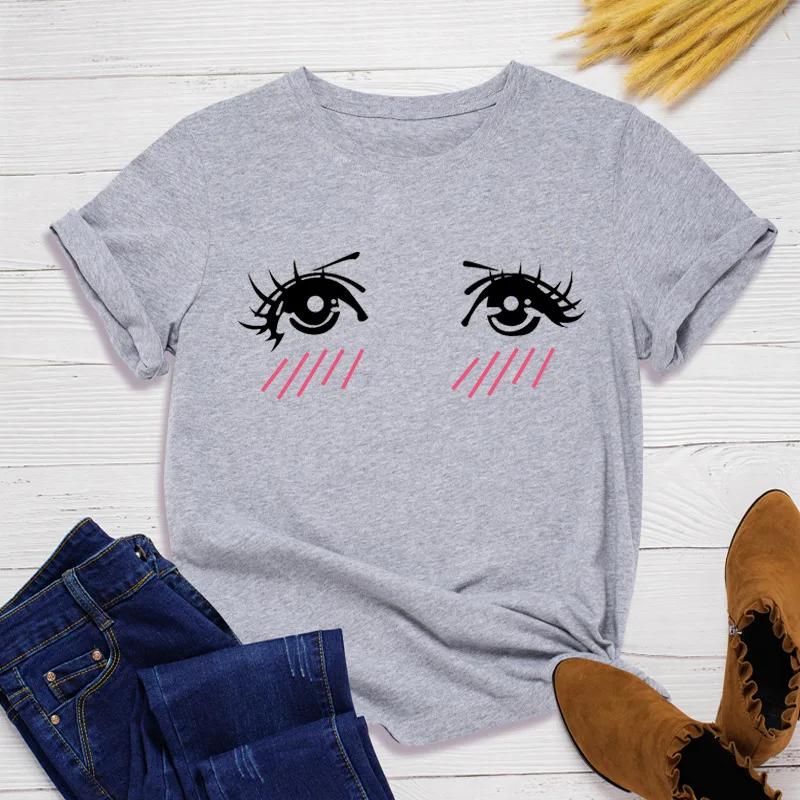 

Милые глаза с застенчивым лицом Принт Женская футболка с коротким рукавом O-образным вырезом Свободная женская футболка Женская футболка Топы Одежда Camisetas Mujer XXXL светло-серый