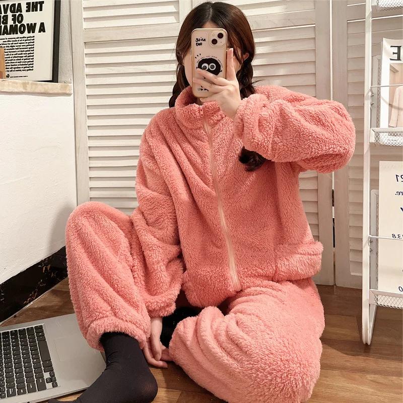 Tlustý plyšový korálový fleece kalhotový oblek na spaní Podzim Zima Dámská 2ks pyžamová souprava Volnočasový rolák Flanel Domácí oblečení