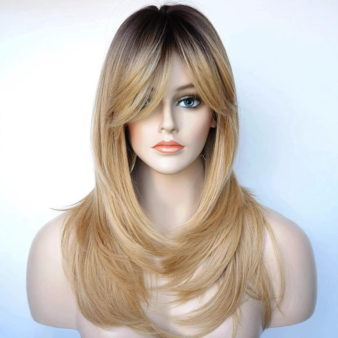 

Synthetic Natural Layered Wave Wigs For Women Ombre Brown Blond Black Hair with Bangs Heat Resistant Fibre