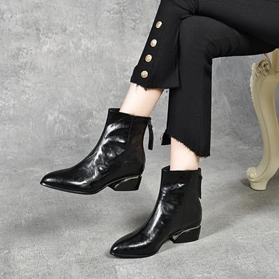 Pointed Short Boots Women's 2025 Autumn and Winter European and American Style Fashion Knight Boots Rear Zipper Low Heel Leather Boots Cotton Boots W