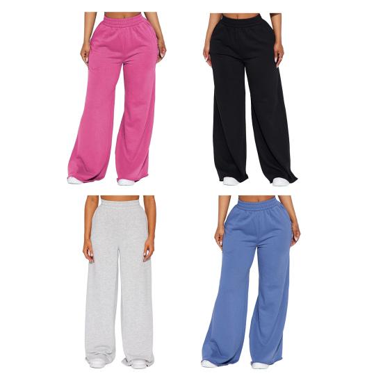 Women Casual Pants Solid Color Wide Leg Trousers with Pockets Elastic High Waist Hip Hop Style Long Pants