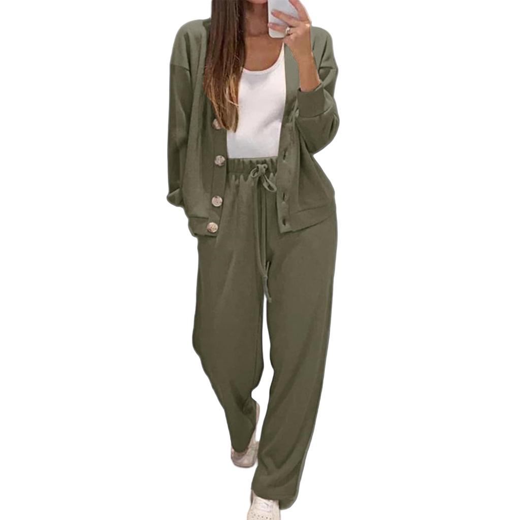 Damen Modischer Lässiger Langärmliger Einfarbiger Sweat-Cardigan Top und Hosen Set