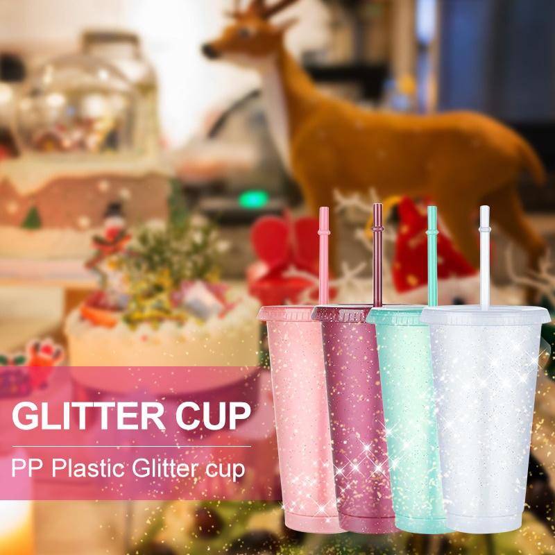 370/700ml Reusable Flash Powder Tumbler with Lid Matte Finish Straw Cup Diy Plastic Cold Water Bottle Coffee Mug Outdoor Party