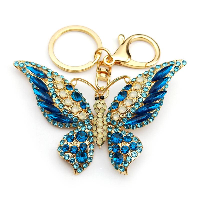Colorful Rhinestone Butterfly Key Chain Pendant Gold Color Metal Animal Insect Keyring for Women Girl Jewelry Gift Llaveros