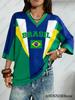 Letní Nové Vintage Brazilský Potisk Dámské Tričko s V-výstřihem Patchwork Krátký Rukáv Sportovní Trička Fotbalový Dres Y2K Volné Oversized Topy
