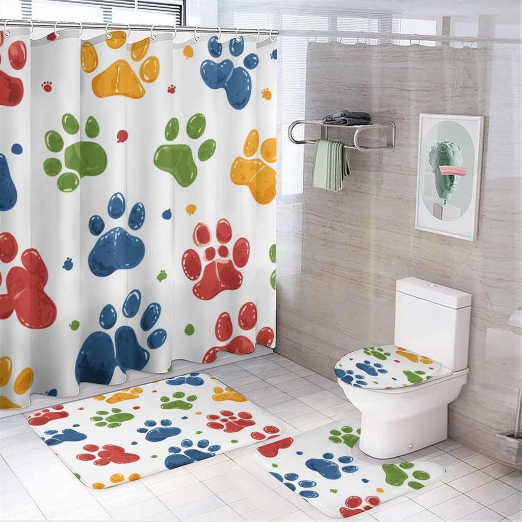 Bathroom Curtain And Rug Set, Colorful Paw Prints Pattern Printed On Bathroom Decor Sets With Shower Curtains And Rugs,