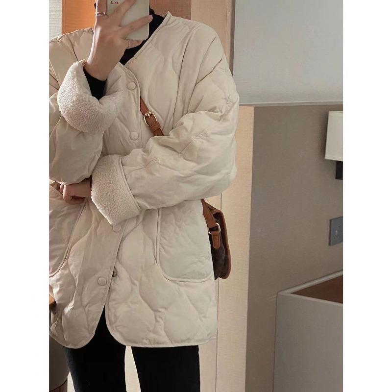 Collarless Lamb Wool Splicing Lightweight Diamond Grid Winter Korean Version Loose Small Fragrant Warm Cotton Clothes Cotton Clothes for Women