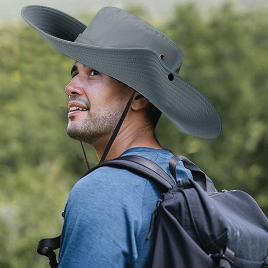 Men Fisherman Hat Flat Top Wide Brim Breathable Sun Hat Adjustable Windproof Drawstring Sun Protection Hat