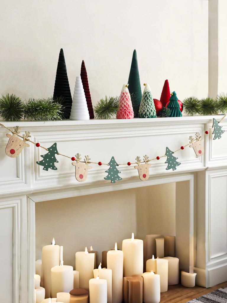 Christmas Wooden Garland with Reindeer & Tree Ornaments Jute Rope Hanging Banner Cute Festive Fireplace & Home Party Decoration