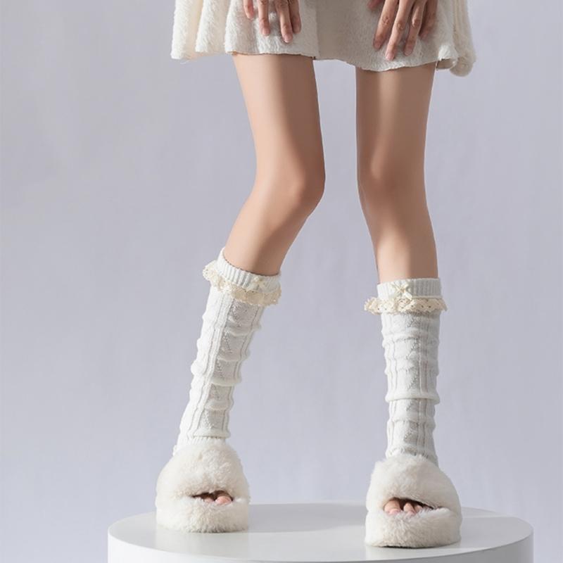 Women Fairycore Knitted Leg Warmers Calf Socks Japanese Sweet Bowknot Ruffled Lace Trim Leg Covers Boot Cuffs Stockings