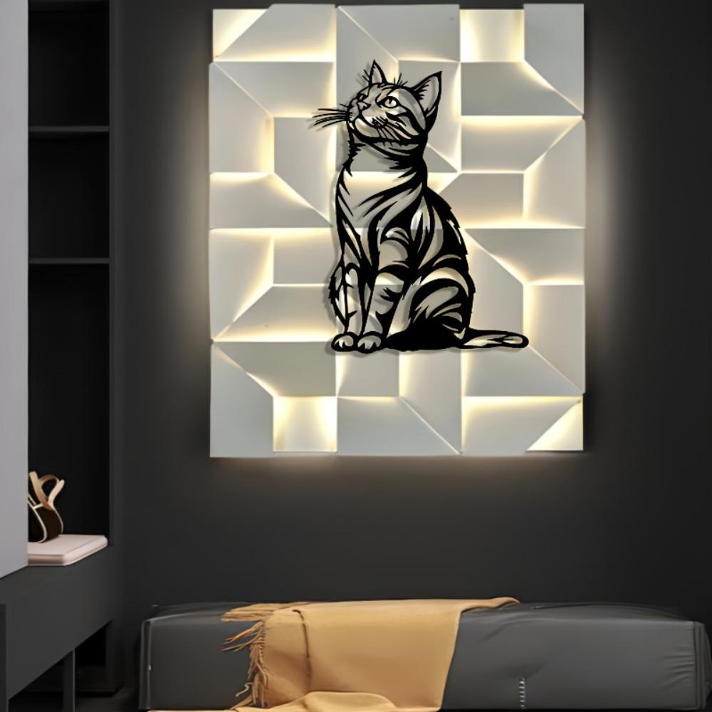 Elegant Metal Cat Wall Art Black White Stripe Silhouette Home Office Patio Kitchen Decor Removable Reusable Housewarming Gift