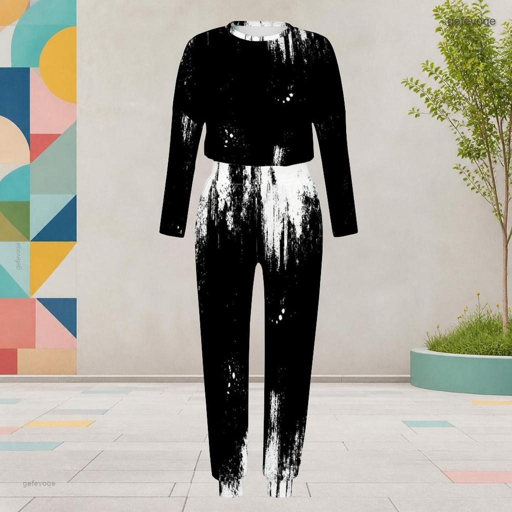 Women Plus Size Round Neck Long Sleeve Printed Two Piece Set Cuffed Top Cuffed Pants With Pockets