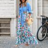 Ladies Skirt Colorful Rhombus Print High Waist Bohemian A-line Big Hem Patchwork Ruffle Drawstring Beach Maxi Skirt