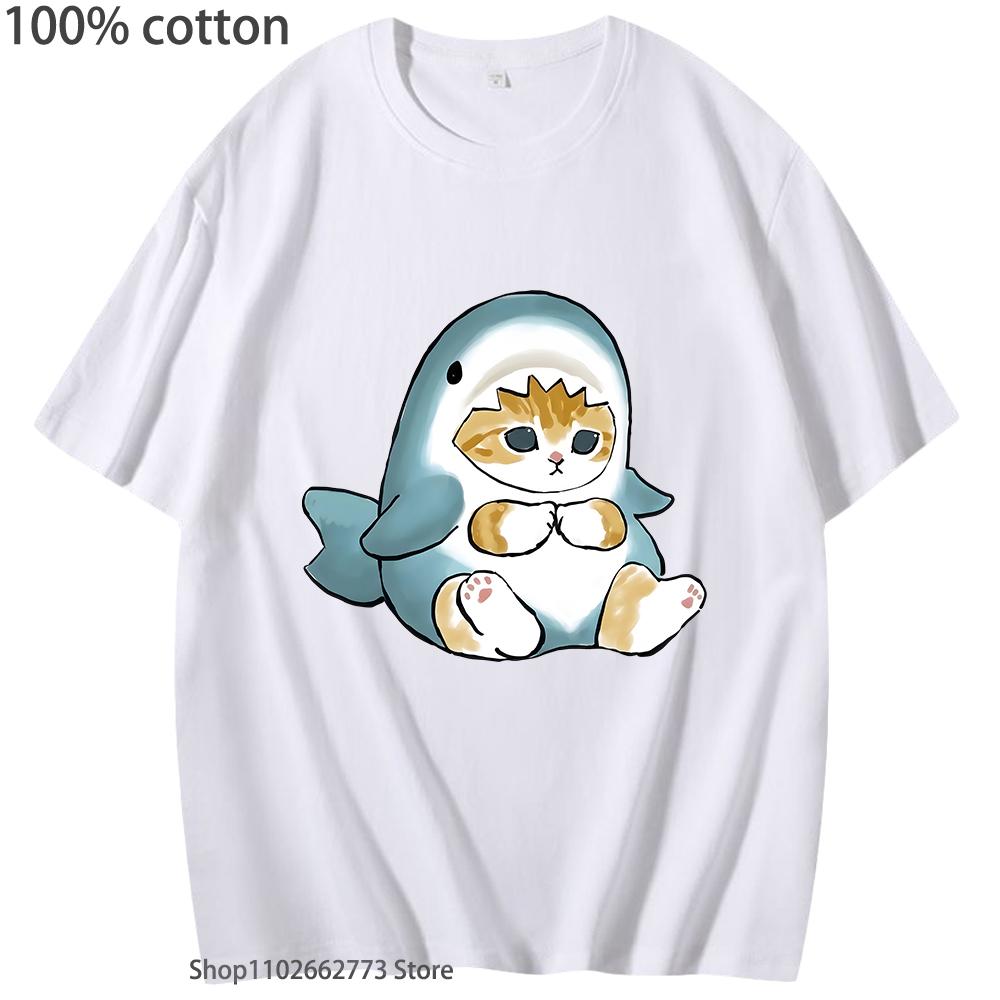 Loviness Katzenhai T-Shirts für Mädchen Niedliche Katzen Print T-Shirt 100% Baumwolle Sommer Rundhals T-Shirts Ästhetisch Kurzarm