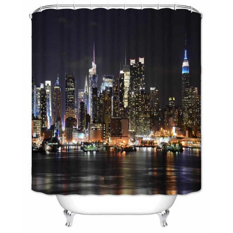 New York City Skyline Building Night View Shower Curtain Modern Bathroom Curtain Polyester Fabric Bath Curtain With Hooks