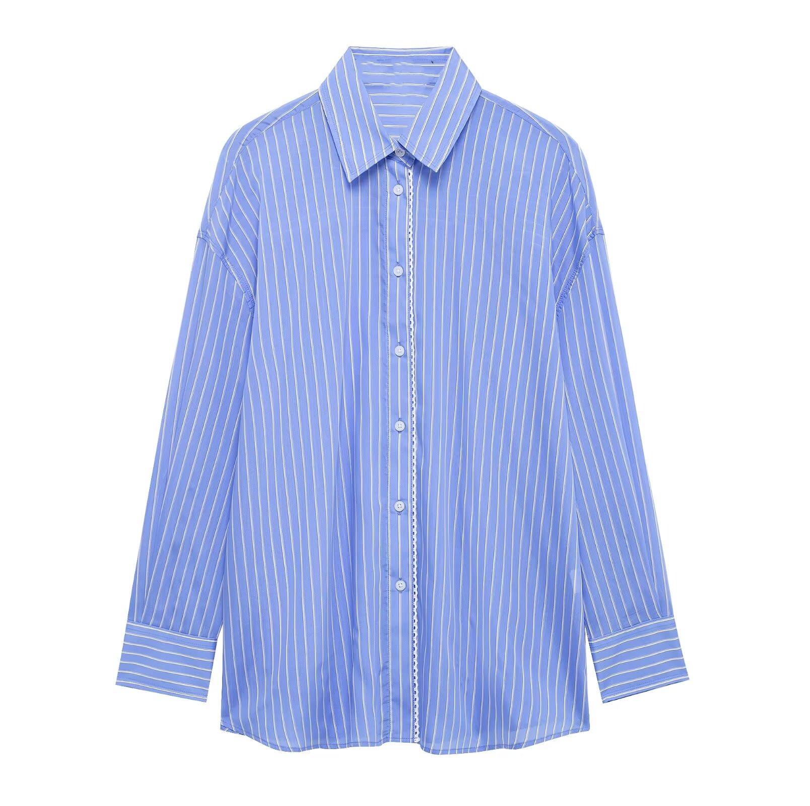 

2025 Spring Women s Striped Poplin Loose Fit Shirt with Turn-Down Collar M