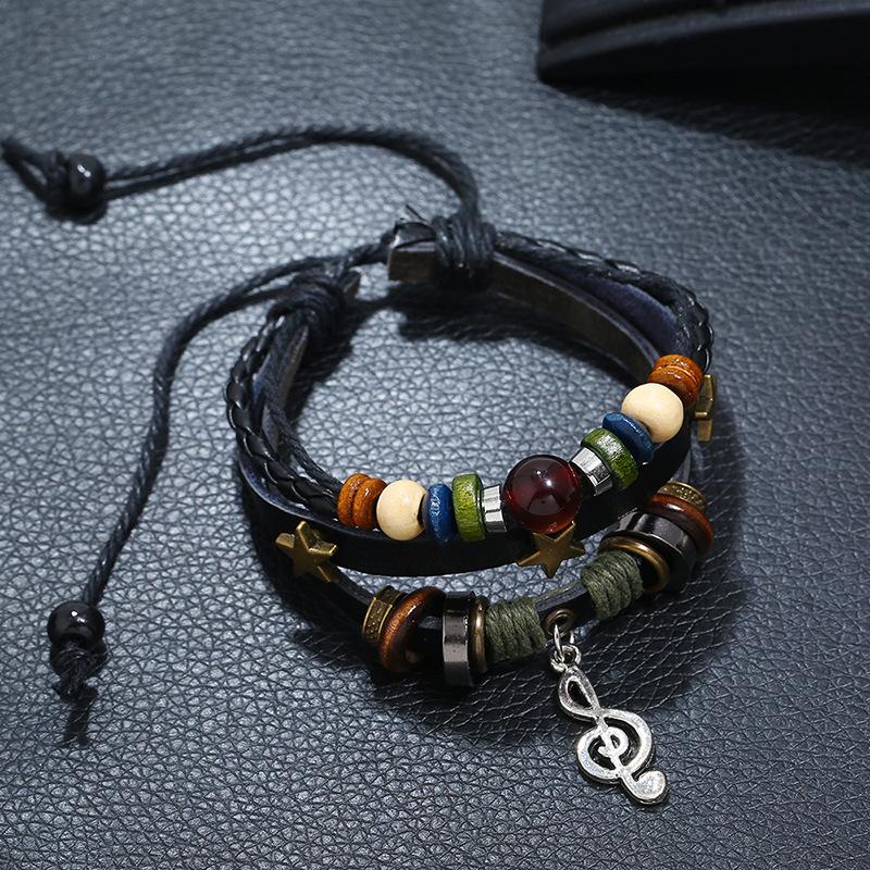 Retro Punk Music Note Layer Bracelet For Man Hand Woven Cowhide Leather Adjustable Bead Bracelet Unisex Accessories  Gift