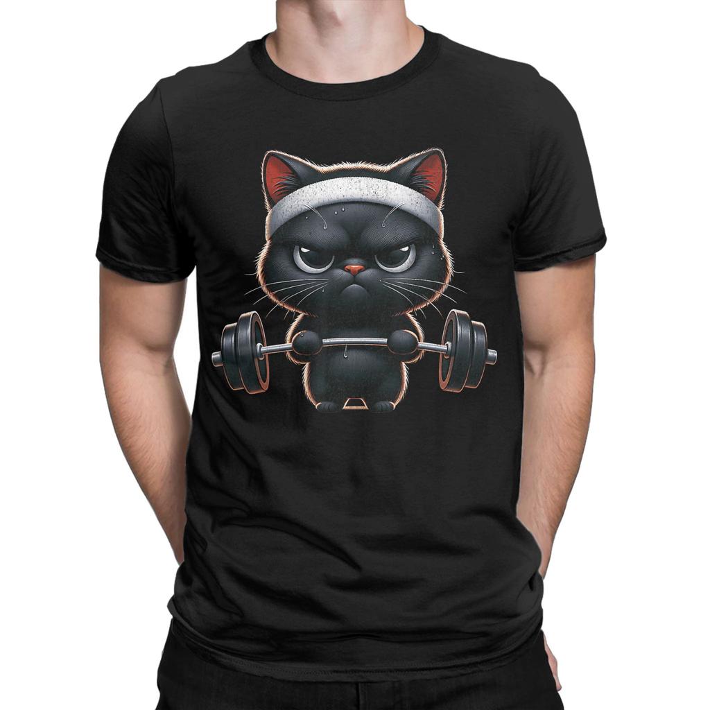 Humorous Funny Workout Cat Gym Fitness TShirt for Men Round Neck Cotton T Shirts  Short Sleeve Tee Shirt Plus Size Tops