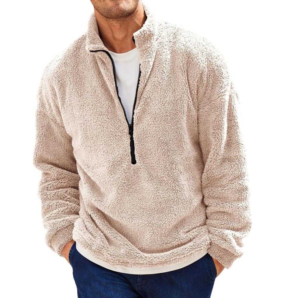 Herren New Herbst und Winter Hoodie Pullover Langarm Saum Kordelzug Plüsch Männlich Stehkragen Halb Reißverschluss