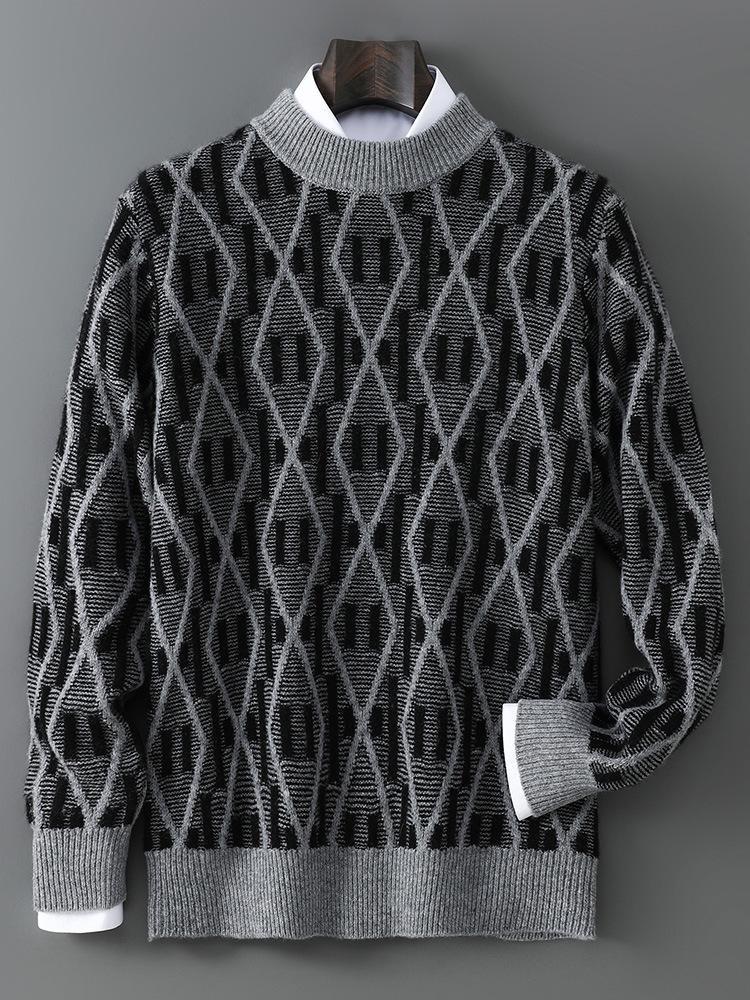 2025 Men’s Autumn/Winter Loose Fit Wool Sweater - Round Neck, Color Block, Plus Size Jacquard Pullover
