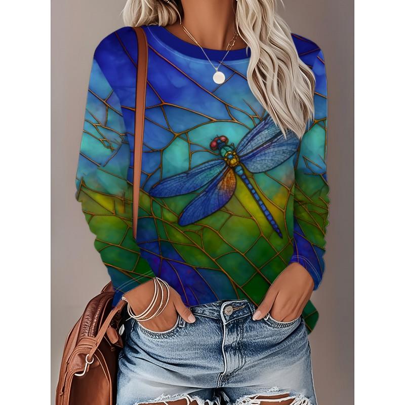 Womens Loose Fit Long Sleeve Round Neck Tee With 3D Peacock Cat Print - Milk Silk Fabric 2025 Casual Top