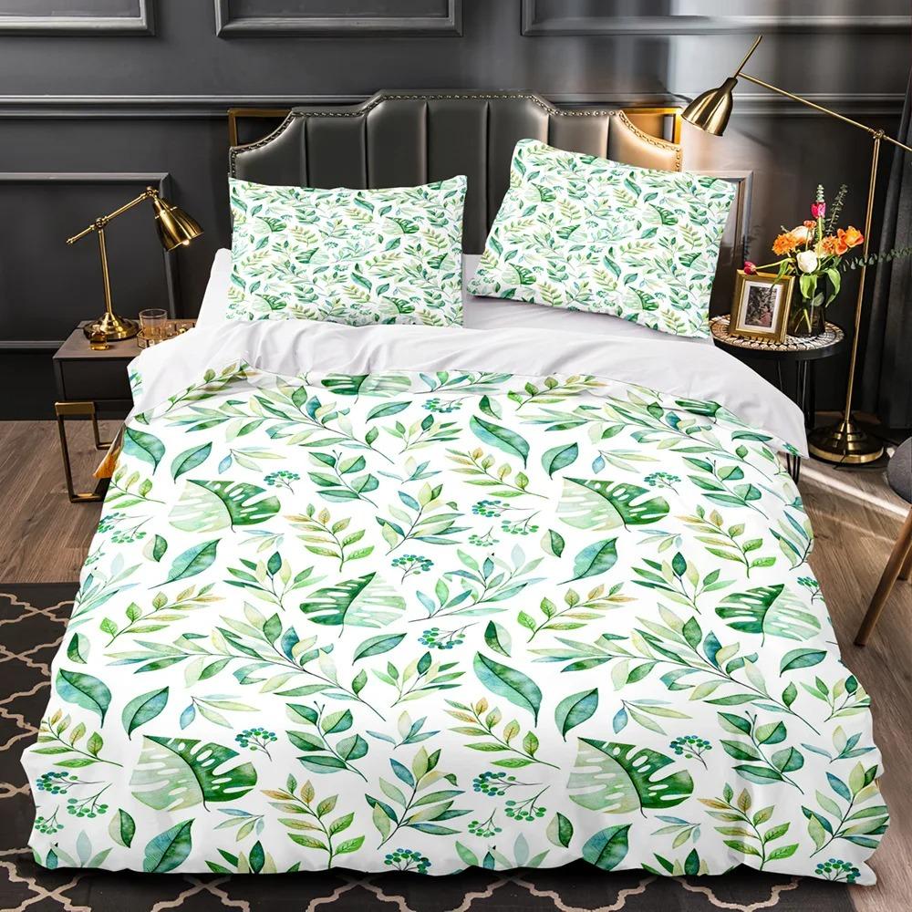 Tropical Plants Floral King Queen Duvet Cover Green Palm Leaves Bedding Set Cream-Colored Flowers 2-3Pcs Polyester Quilt Cover