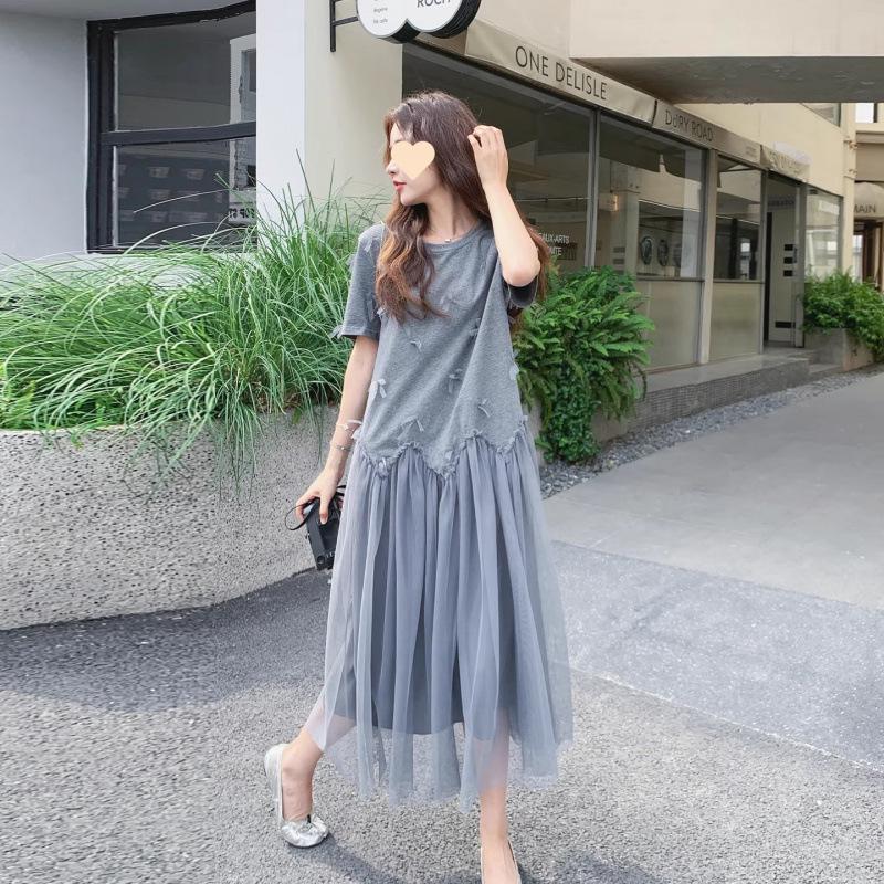 2025 Summer Korean Style Loose Maternity A-line Dress with Mesh Details