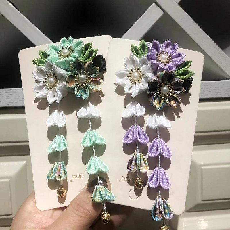 Handmade Flower Hair Clip Ancient Style Cloth Material Japanese Kimono Headwear Flower Design Sweet Tassel