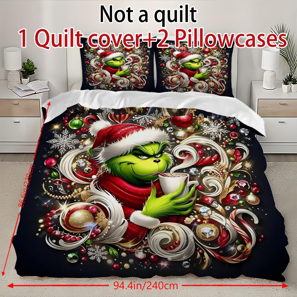 Mit Weihnachtsdekoration bedruckter Bettbezug, superweiche gebürstete Mikrofaser, bequemes Doppelbettset mit Reißverschluss und 2 Kissenbezügen