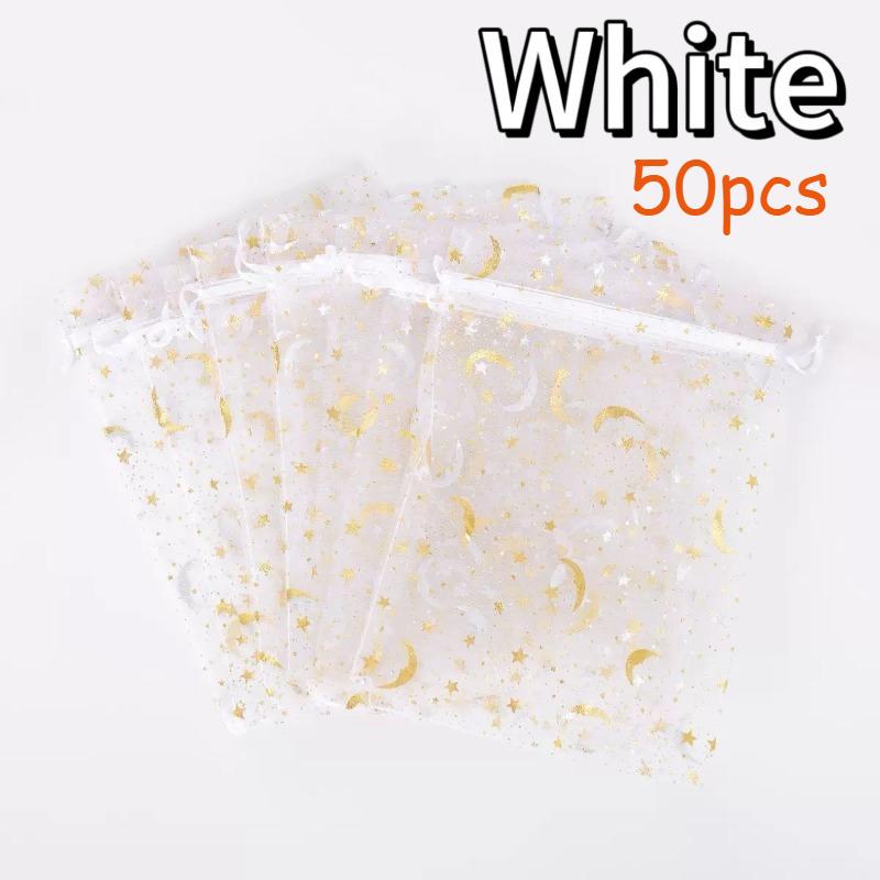 50-200pcs Moon Stars Drawstring Organza Bags Jewelry Gift Bags Pouches Gold Star Organza Favor Pouches for Christmas Wedding