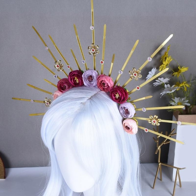 Elegant Rose Flower Hair Hoop Adjustable Size Sunbursts Headband with Rhinestones Comfortable Hairband Party Ornament