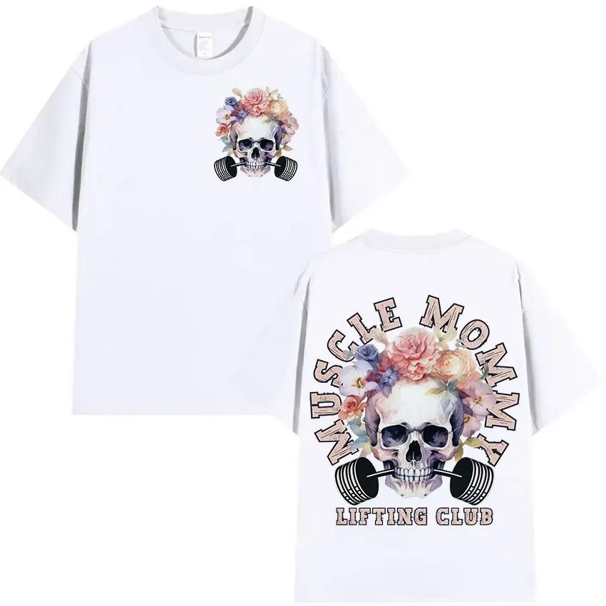 

Muscle Mommy Lifting Club T Shirt Oversized Skull Floral Front Back Print Workout Tee for Fitness Moms Women Black and White S