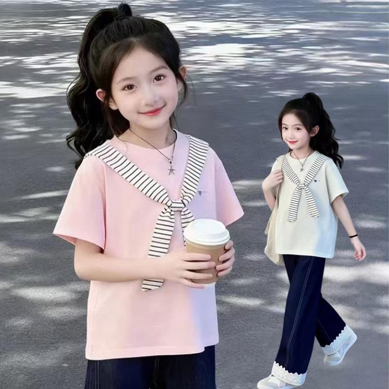 Girls Summer Navy Cape Short Sleeve T Shirt With Bow Tie Round Neck Top For Big Kids Students