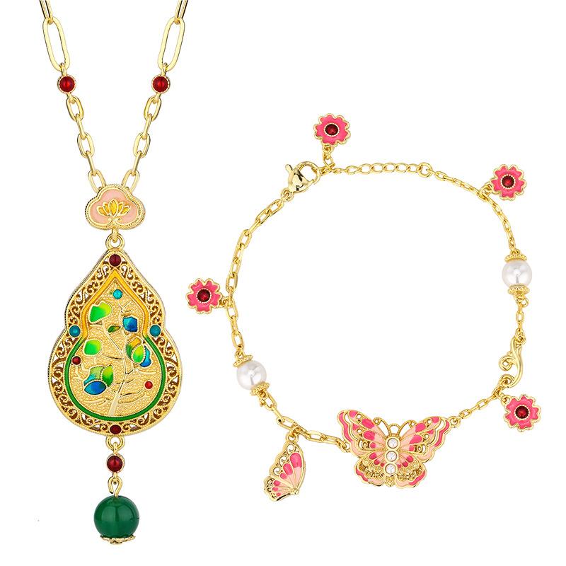 New Set Of Jewelry Necklace Water Droplet Bracelet Butterfly Shaped Enamel Craftsmanship Retro Chinese Style Fashionable Women's