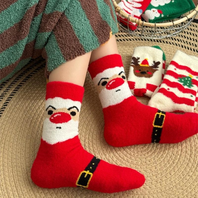 Coral Fleece Floor Crew Socks Christmas Pattern Winter Thermal Warm Fuzzy for Women Men Winter Indoor Slipper Hosiery