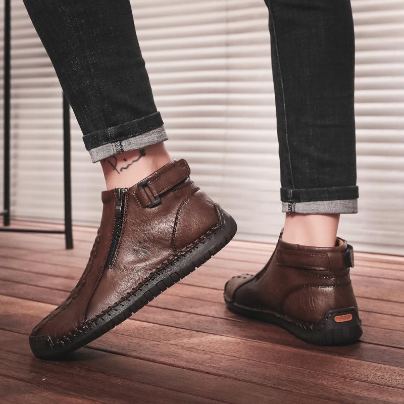 New Classic Handmade Leather Men Shoes Zipper Design Outdoor Sneakers Slip On Breathable Casual Shoes Leather Men Ankle Boots