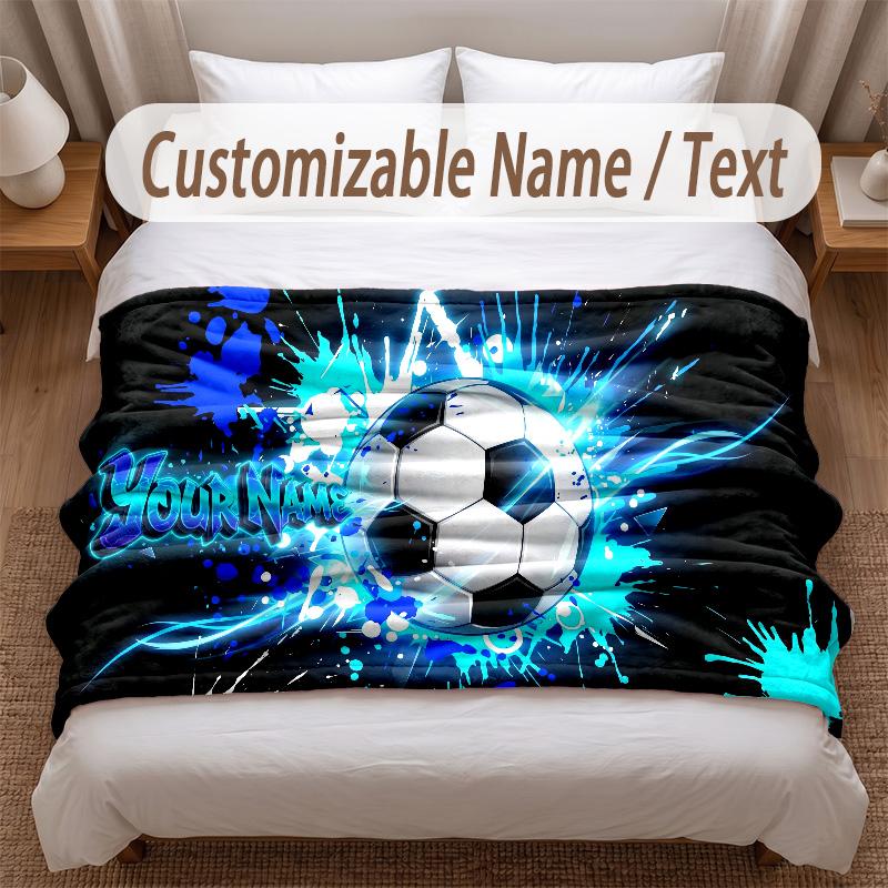 Soccer Theme Soft Blanket Personalized Custom Name Text Print Warm Blanket Home Sofa Bedroom Decor