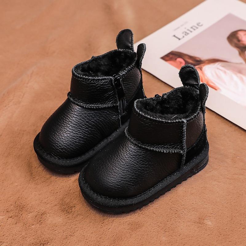 

Winter Children Genuine Leather Boots for Baby Girls Boys Shoes Plush Infant Snow Boots Soft Soled Anti Slip Kids Toddler Shoes 21 чорний