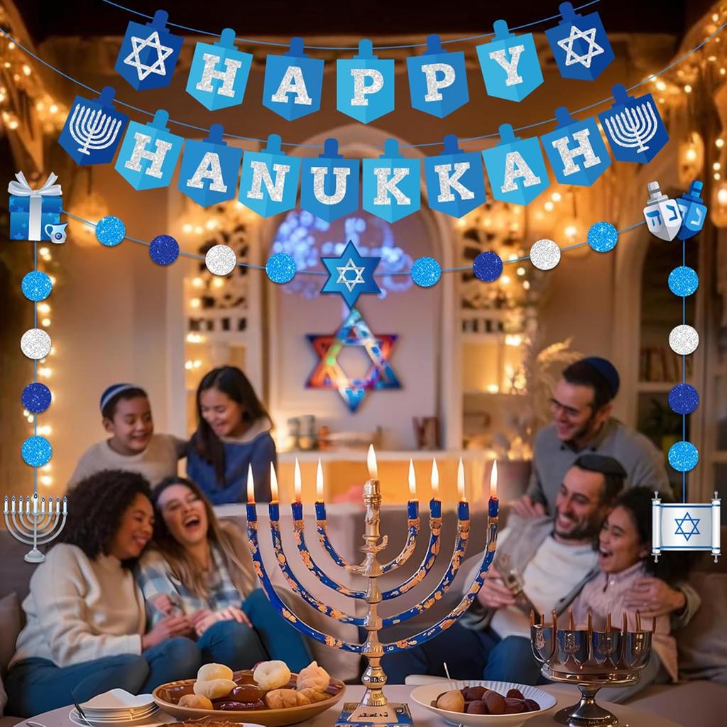 Hanukkah Decorations Banner, Pre-assembled Hanukkah Party Decor Garland, Happy Hanukkah Sign Banner, Chanukah Decorations for Home, Blue Glitter