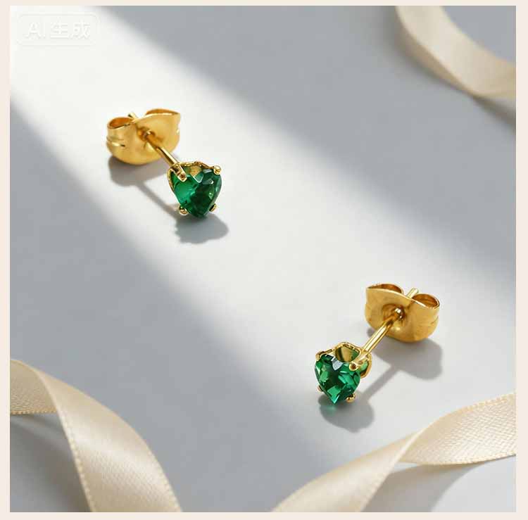 Heart Flower Emerald Green Zircon Stud Earrings Stainless Steel 18K PVD Gold Plated Tarnish Free Tiny Piercing Jewelry