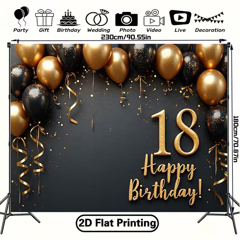 2D Elegant Black Gold Theme 18th Birthday Photography Background Cloth