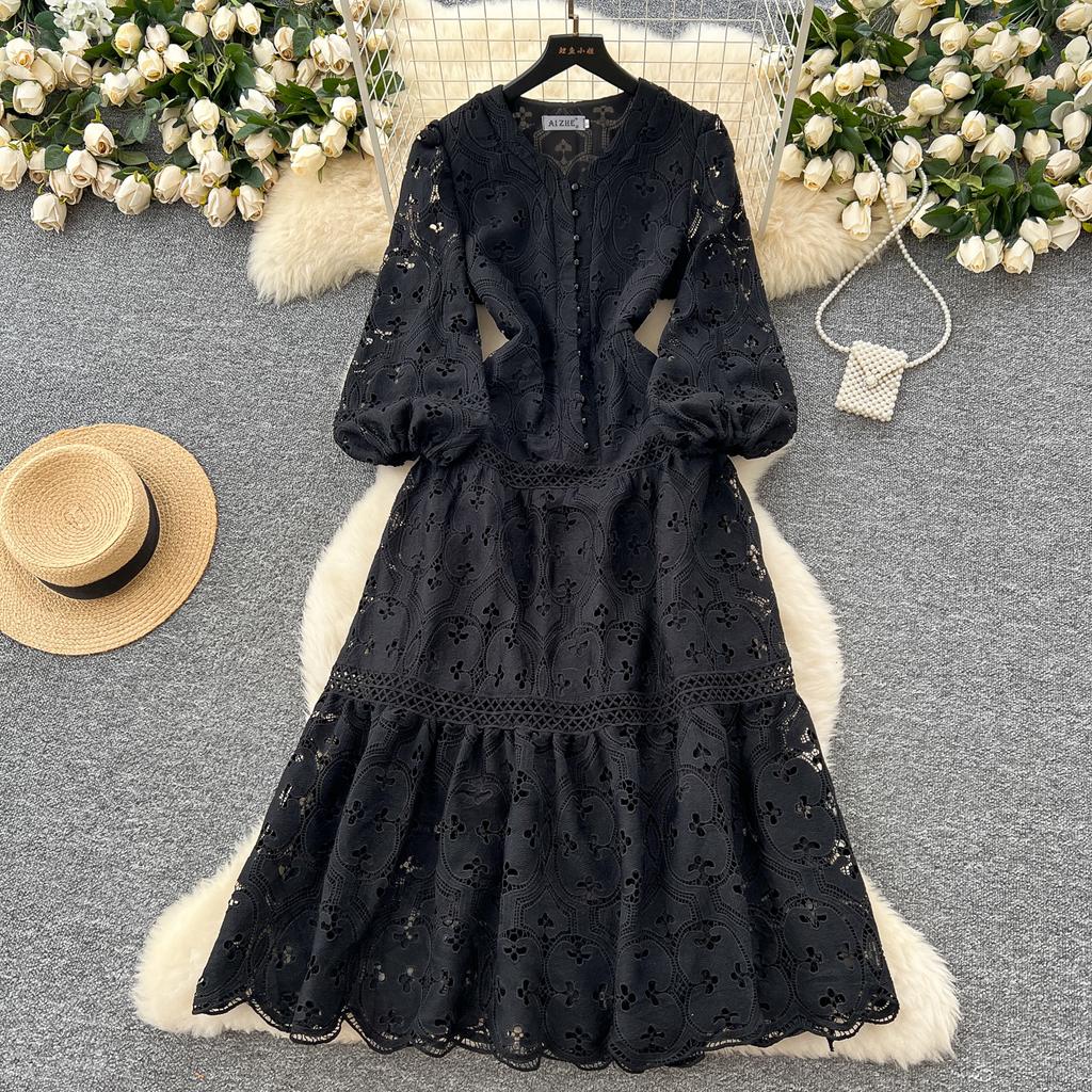 Frühling Sommer Frauen V-Ausschnitt Laterne Ärmel Stickerei Spitze lange Maxi Partykleider