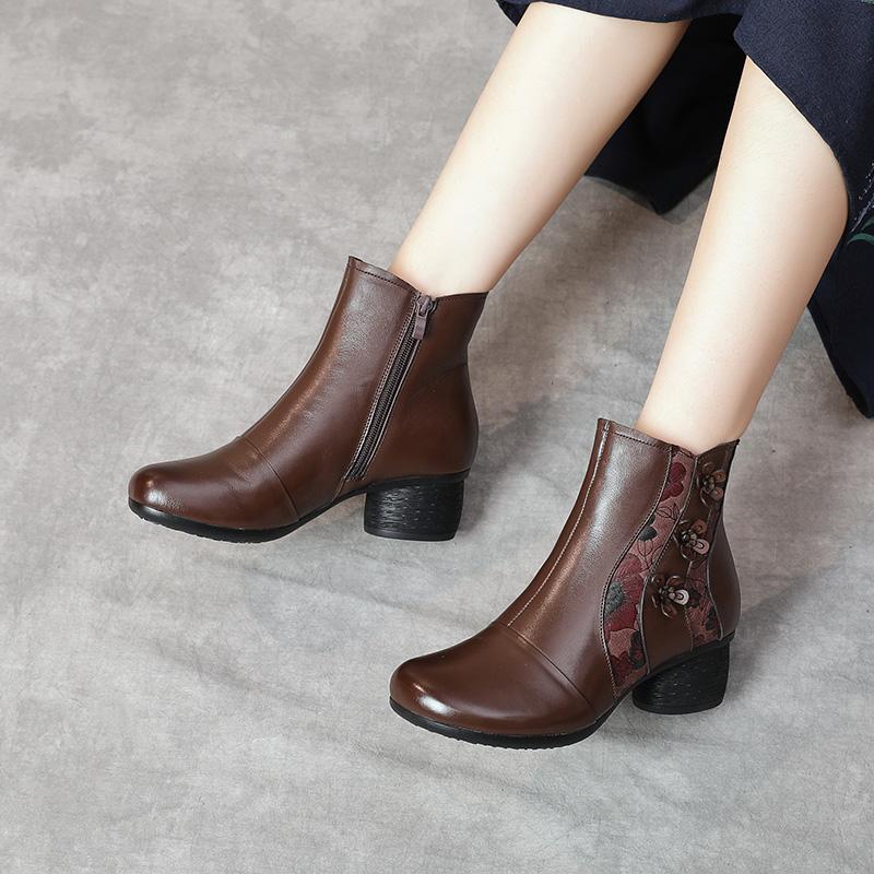 Fashion GKTINOO Winter Genuine Leather High Heels Ankle Boots For Women Warm Boots Side Zipper Soft Comfortable Cow Leather Botas