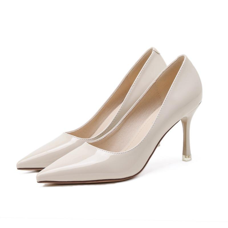 20 shallow patent leather thin heel black high heels single shoes women's shoes pointed solid color design versatile