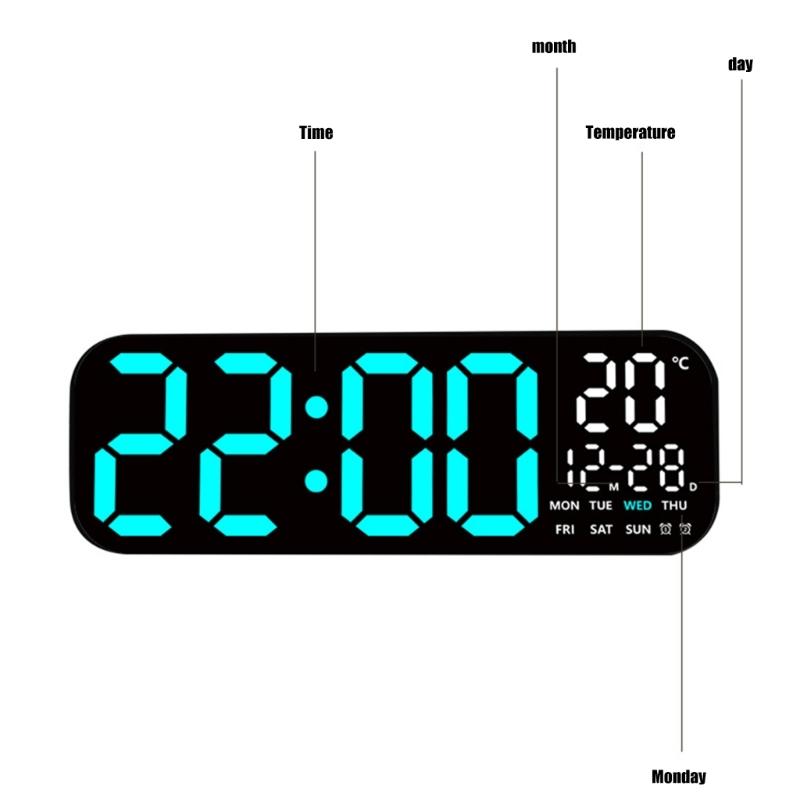 Large LED Digital Wall Clock with Remote Control Date Week Temperature Display Auto Dimming for Living Room Bedroom