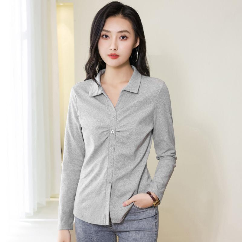 Autumn Women's Solid Colour Cardigan Button Lapel Long Sleeve Polo Shirt