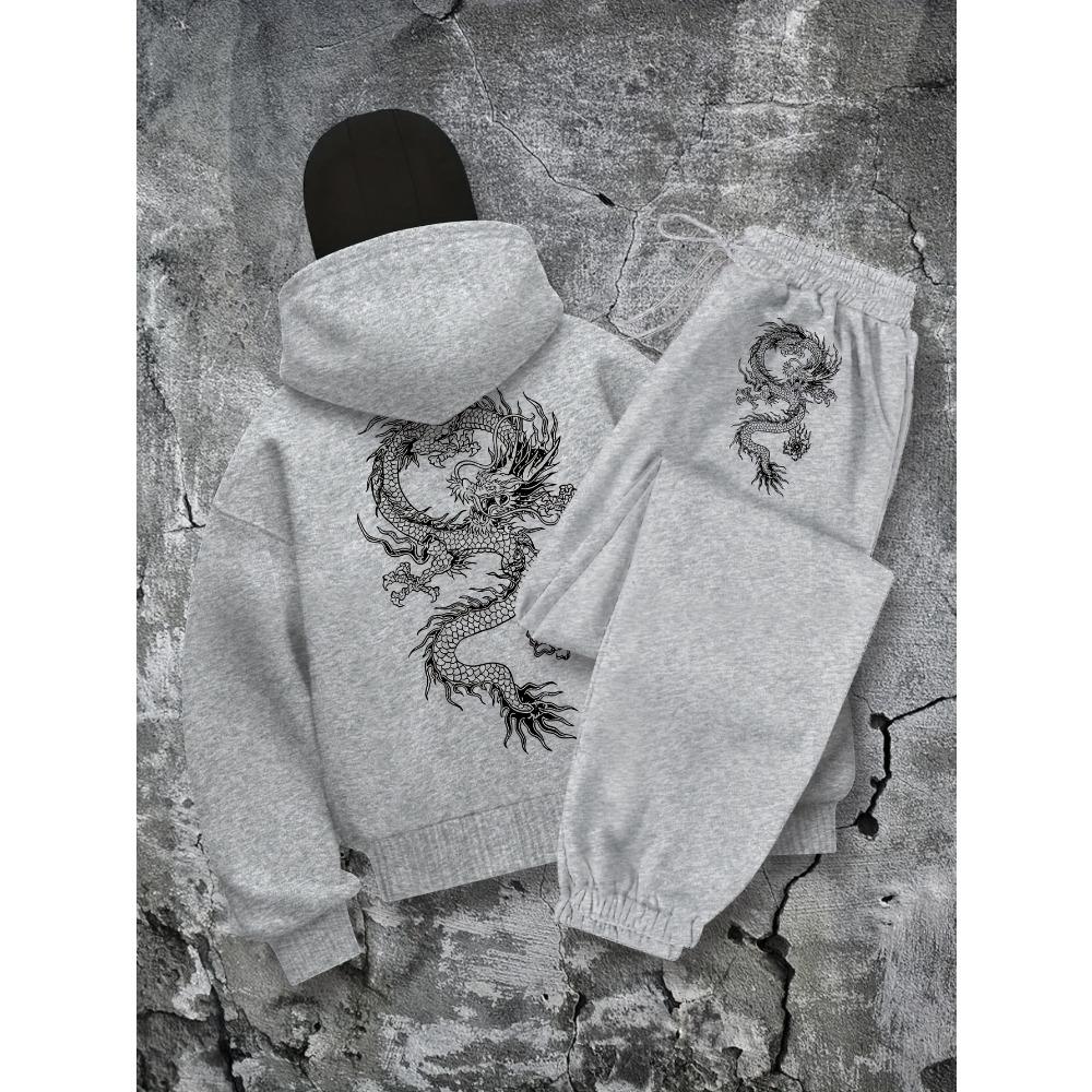 Dragon Patterned Hoodie and Jogging Pants Set, Hooded Zipper and Pants, Casual Streetwear Zipper Hoodie