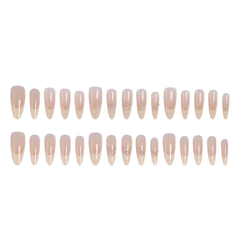 Elegant Long French Nail Stickers: Pearl Chain Design, 30 Pcs, High-End Summer Nails