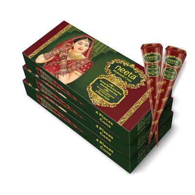 Neeta Henna-Kegel für Hand- und Brautdesigns, Natürliche Henna-Kegel für Hochzeits-Körperkunst 1 Schachtel x 4 Stück Packung mit 3