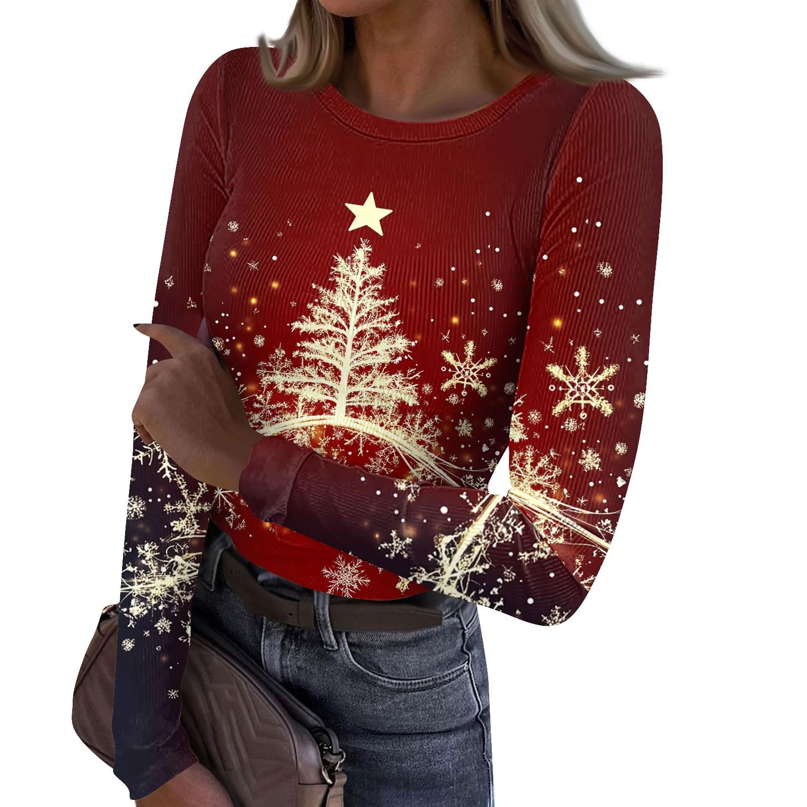 

Жіноча та зимова тонка футболка Модний повсякденний різдвяний пуловер з круглим вирізом і довгим рукавом з принтом M винний